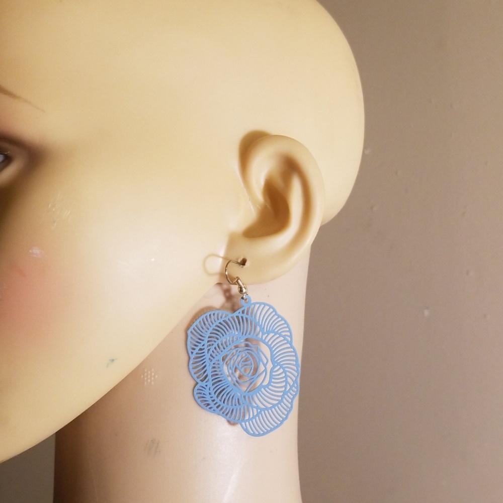E2115 Blue or Pink Filigree Flower Drop Earrings - Picture 3 of 8